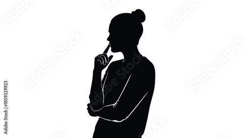 Silhouette of a thoughtful woman with her finger to her lips symbolizing silence deep consideration or a secret idea being formulated against a plain white background