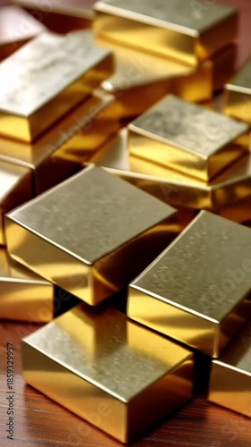 Collection of gold bars displayed in a bright setting reflecting light and showcasing their shiny surfaces during the afternoon