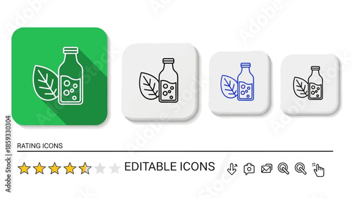 Vector outline icon collection showcasing a bottle with refreshing liquid and a natural leaf, ideal for healthy beverage packaging, organic product labels, and wellness apps