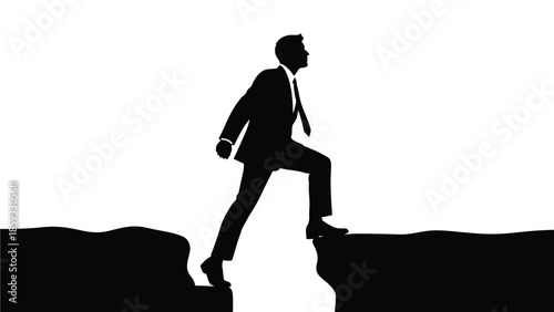 Silhouette of a determined businessman in a suit leaping across a wide gap between two dark cliff edges symbolizing risk and corporate advancement
