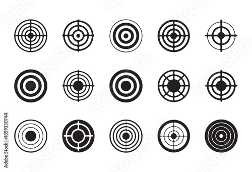 Professional crosshair and target icons set with various circular grid designs for aiming and tracking purposes