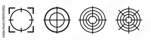 Four distinct black and white vector target icons with various crosshair styles for precision and aiming