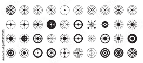 Collection of various target symbols and dartboard icons in different styles and designs for goals and strategy