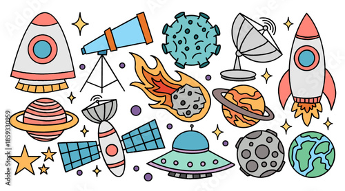 Hand drawn colorful space exploration doodle set with planet, rocket, and space object in a playful style, ideal for icon and graphic design use