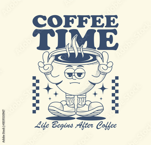 Retro cartoon coffee character illustration with a vintage style, ideal for t-shirt designs, posters, stickers, and coffee-themed graphics