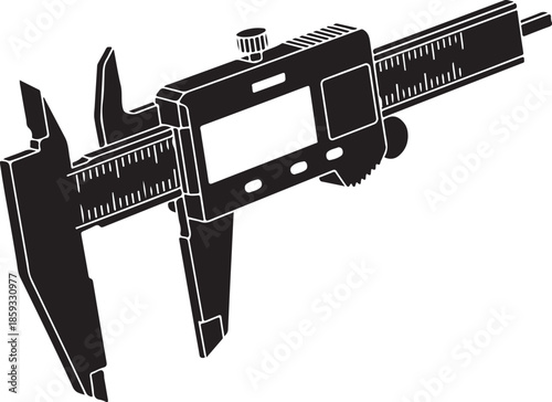 Black and white vector illustration of a precision measuring caliper tool isolated on white background