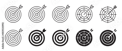 Arrow hitting bullseye target vector set successful business concept reaching the goal accuracy and precision illustration.