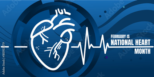 National heart month poster with anatomical heart shape and heartbeat line - banner,  vector illustration