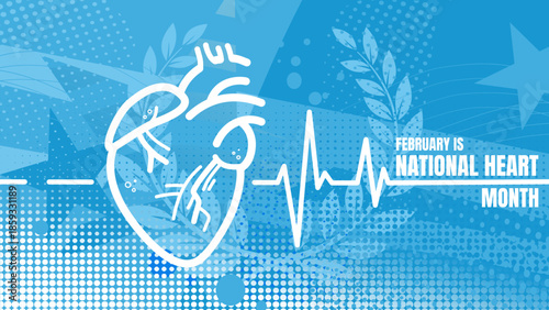 National heart month poster with anatomical heart shape and heartbeat line - banner,  vector illustration
