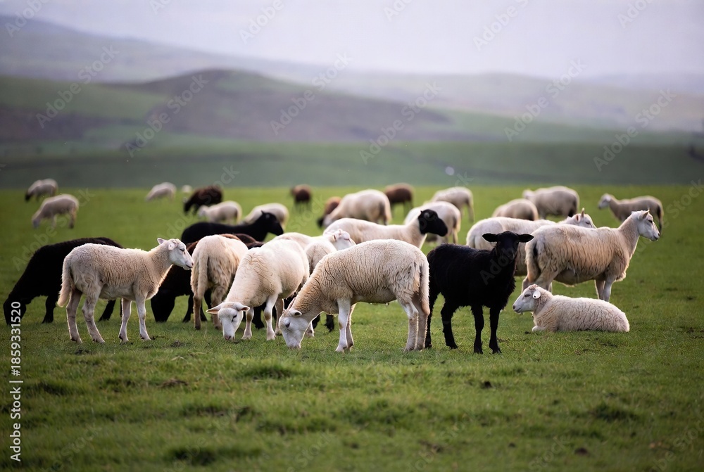Obraz premium A tranquil flock of sheep grazing peacefully on a vibrant green pasture amidst rolling hills