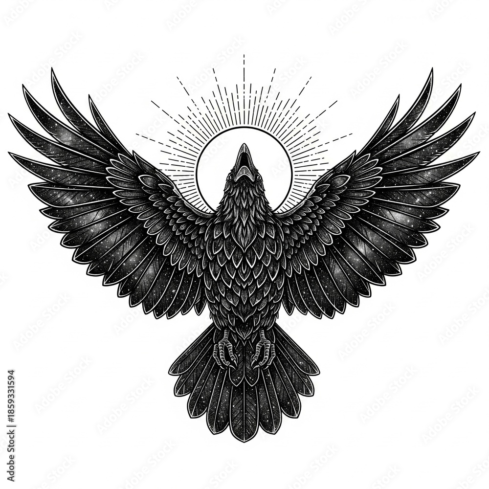 Obraz premium Eagle with wings in flight in the form of a black tribal tattoo silhouette vector illustration featuring a flying phoenix bird design symbolizing freedom and nature