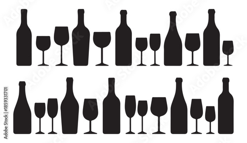 Arrangement of wine bottles paired with wine glasses illustrating serving sequence on white background