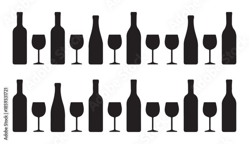 Two rows displaying multiple wine bottles alternating with wine glasses for beverage service concept