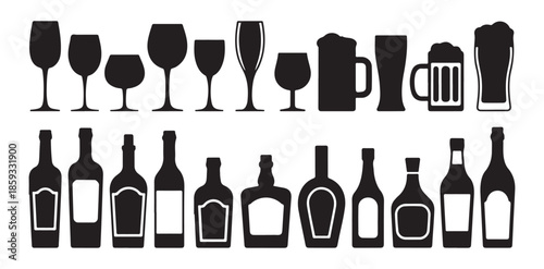 Collection of diverse alcoholic beverage bottles and drinking glasses vector silhouettes set for liquor store or restaurant menu design