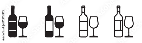 Wine bottle with label and glass silhouette vector icon set alcoholic beverage logo concept design for menu or packaging decoration