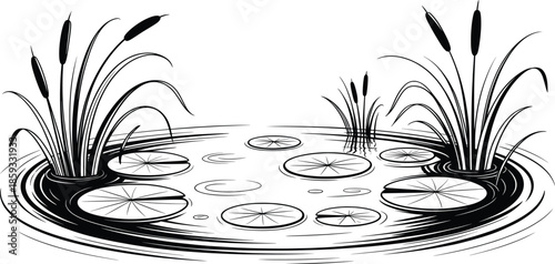 Tranquil Lily Pond Water Garden Line Art Illustration.