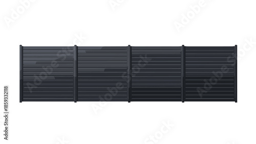 Sleek and modern black horizontal slat fence isolated on a white background, ideal for contemporary garden or property boundaries.