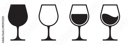 Wine glass icon set with empty full and half poured liquid versions for restaurant menu and drink tasting events