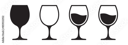 Drink glass icons collection with liquid levels and wave motion effects for wine tasting and restaurant branding