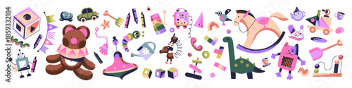 Cute set of different kids toys to play games. Funny child bricks, dolls, rocking horse, pyramid and plush teddy. Various ABC cubes for babies, stationery. Flat isolated vector illustrations on white