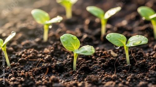 Young seedlings growing in rich soil with morning sunlight shining on their green leaves