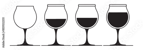Set of wine glass icons isolated on white background depicting varying levels of red wine or liquid inside