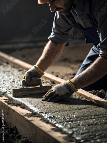 Skilled construction worker smoothing wet concrete with trowel during floor installation highlighting craftsmanship industrial labor and building expertise