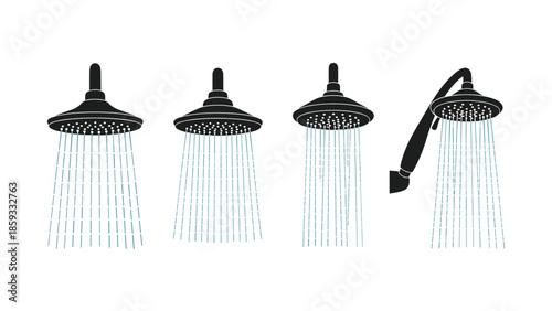 Collection of four different shower heads, including fixed and handheld types, with water streaming down, illustrating modern bathroom fixtures.