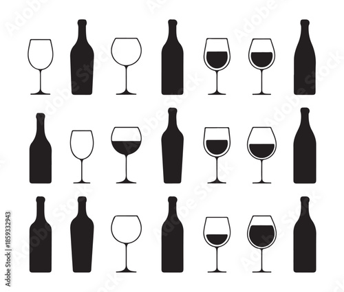 Collection of wine bottles and glasses on white background vector illustration
