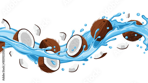 Whole and broken coconuts with pieces scattered, creating a dynamic splash in a wave of blue water, symbolizing tropical freshness and vitality.
