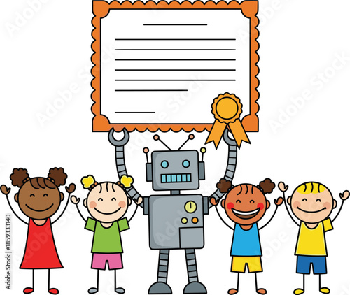 Cute robot holding certificate with smiling children illustration showing education achievement, teamwork, learning success, and technology in a joyful classroom scene
