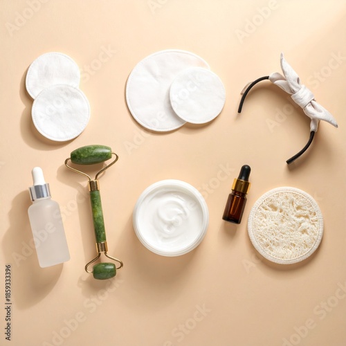 Skincare routine essentials flat lay with jade roller serum cream and cotton pads on a beige background.