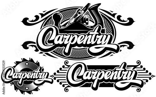 Elaborate Black and White Carpentry Logos and Emblems with Detailed Woodworking Hand Plane, Saw Blade, and Stylized Typography for Craftsmanship and Renovation Businesses.