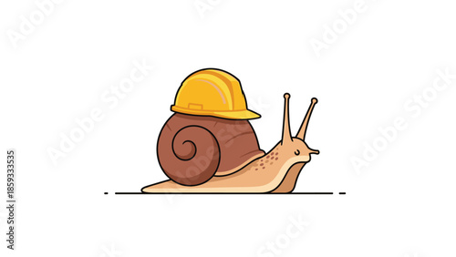 Cute cartoon snail wearing a yellow hard hat, representing slow and steady progress, construction, or a humorous take on work.
