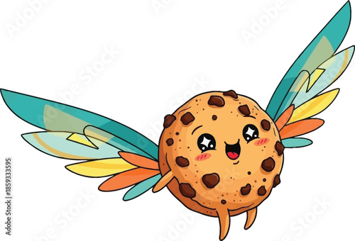 happy cookie flying with abstract wings on white background