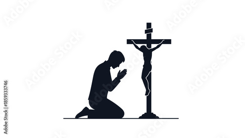 Silhouette of a man kneeling and praying reverently before a crucifix with Jesus, symbolizing deep Christian faith and devotion.
