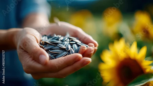 Hands holding sunflower seeds in a blooming field, symbolizing agriculture, sustainability, harvest, and natural food production