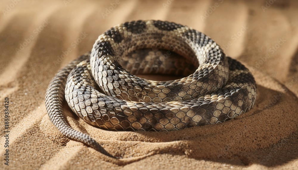 Fototapeta premium A coiled rattlesnake skin shed with a highly detailed texture rests on sandy desert ground illuminated from the side