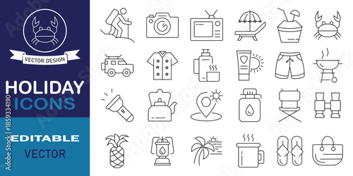 Set of holiday icons. Vector illustration in modern line style of travel related icons surfing, thanksgiving day, crab, sea, hotel, beach, etc. Simple vector illustration.