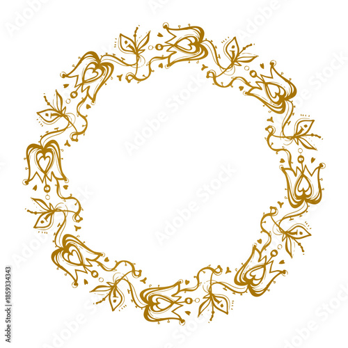 Golden vector wreath with decorative tulips and leaves - doodle for print.