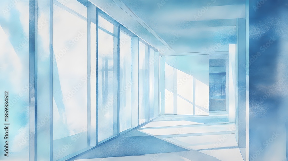 Obraz premium Serene modern office hallway watercolor illustration evokes calm open space design concept