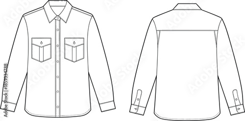 Blank Long Sleeve Button Down Shirt with Pockets and Basic T-Shirt Set Vector Technical Flat Sketch Template for Fashion Design CAD