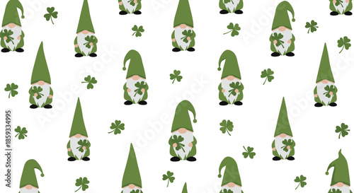 Festive seamless pattern for Saint Patrick's Day displays cute gnomes with green hats holding lucky four-leaf clovers on white.
