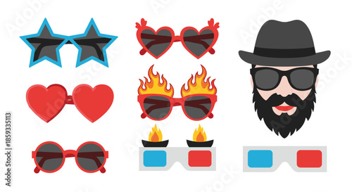 Diverse collection of fun and novelty sunglasses includes star, heart, and flame shapes along with a bearded man in a cool fedora hat.