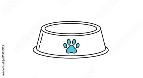 Simple pet food bowl for dogs or cats features a bright blue paw print on its side in this clean and minimalist line art illustration.