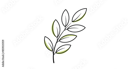 Minimalist branch with several green leaves is shown in a clean line art style with subtle shading to represent nature and growth.