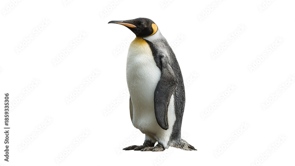 Fototapeta premium An elegant adult emperor penguin stands tall, showcasing its striking black and white feathers and vibrant orange accents on a transparent background.