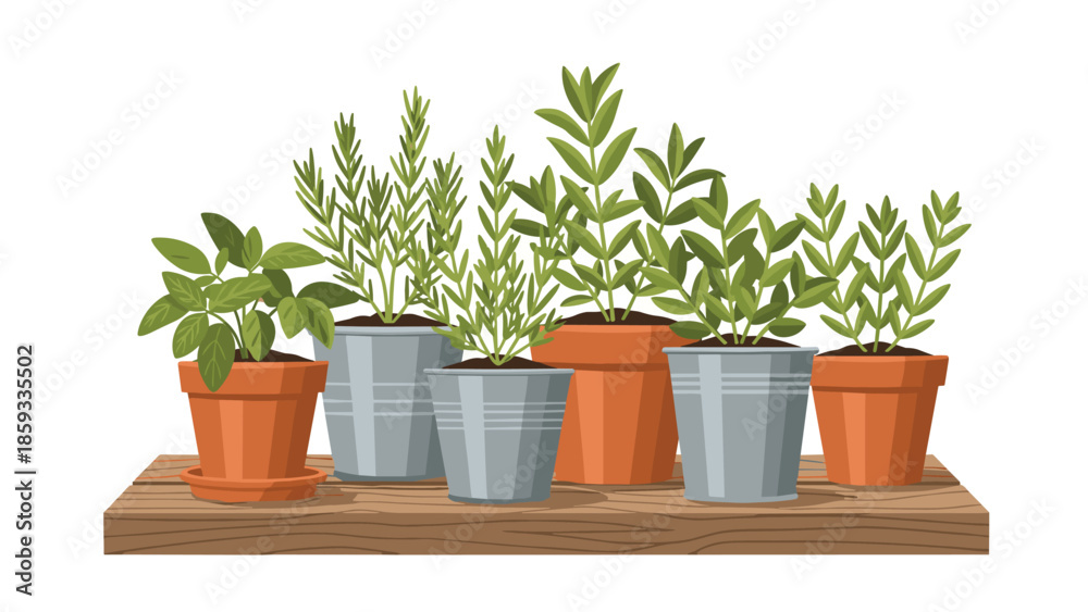 Fototapeta premium Collection of various potted green herbs and plants arranged neatly on a wooden shelf, ideal for home gardening, kitchen decor, or fresh ingredients.
