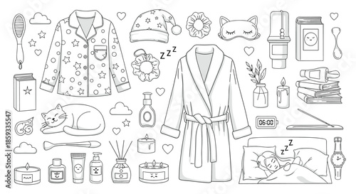 Comprehensive collection of bedtime and sleep wellness icons includes pajamas, a bathrobe, candles, and skincare items in line art.