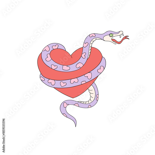 Snake Coiled Around Heart Clipart, Funny Anti Valentines Day Sarcastic Love Retro Aesthetic Illustration for T-Shirt Design, Scrapbooking and Stickers